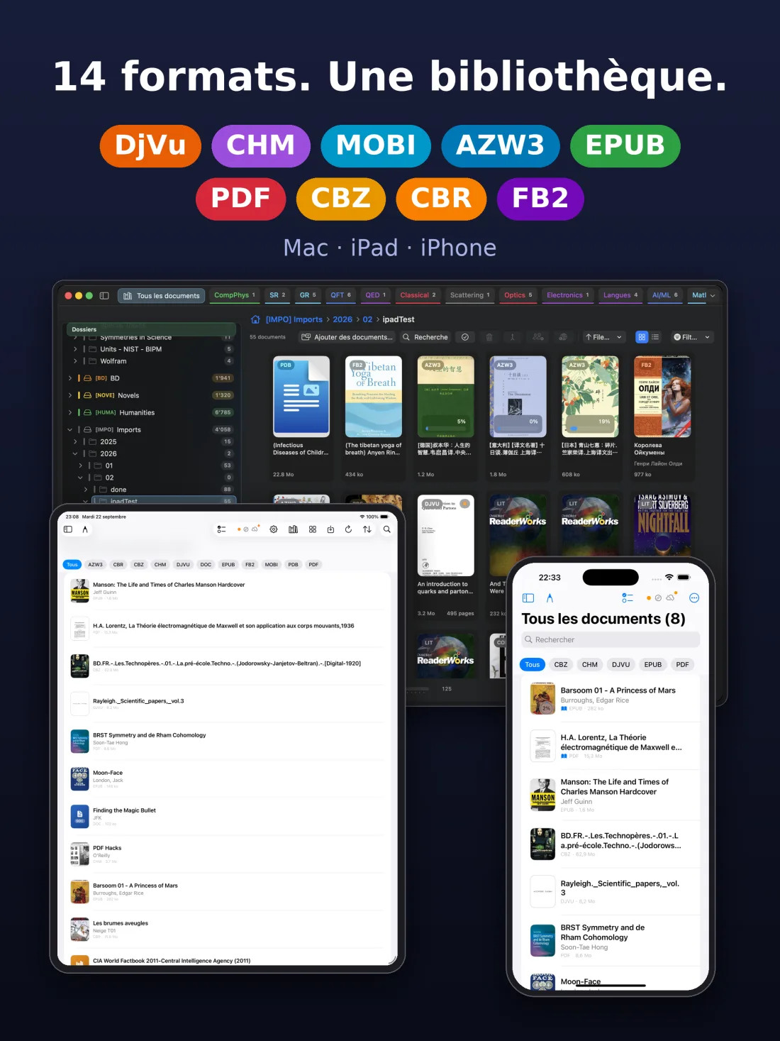 UniReader avec une bibliothèque de livres, de BD et de documents